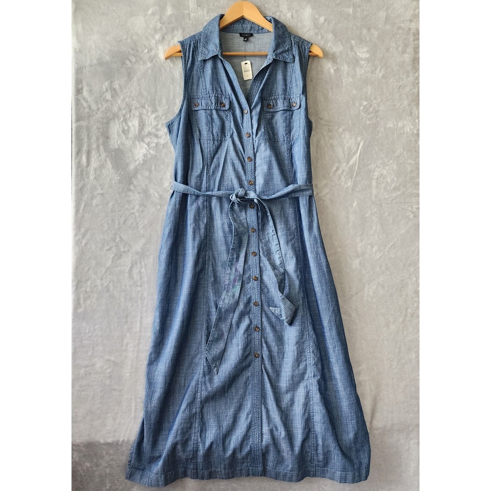 Talbots Dress Womens Size 14 Blue Chambray Denim Button Shirt Pockets Tie Belt